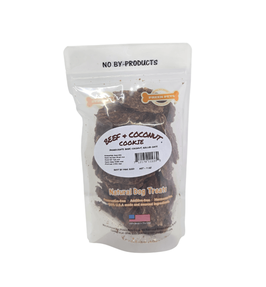 4oz Bag of beef and coconut cookies natural dog treats with 'No By Products' Preen Pets branding