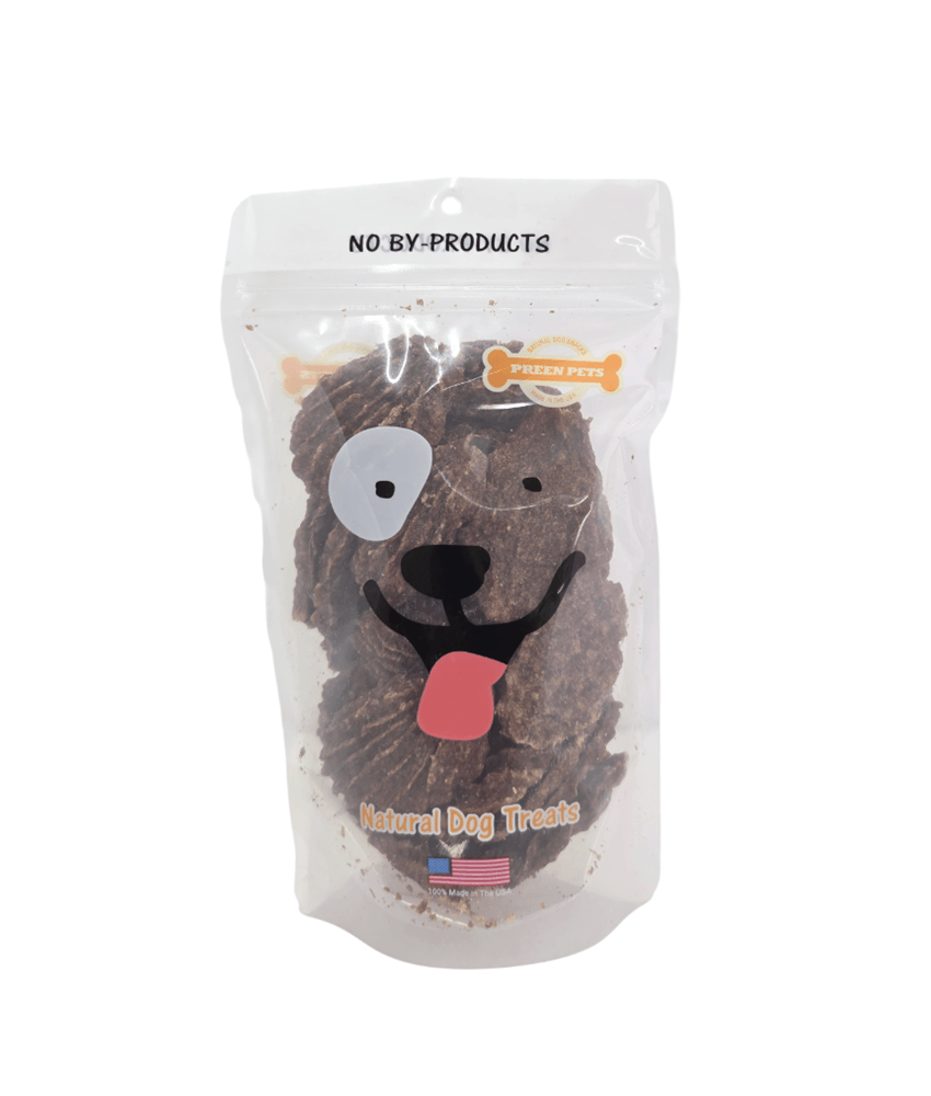 Preen Pets branded clear Bag filled with beef & coconut cookies.