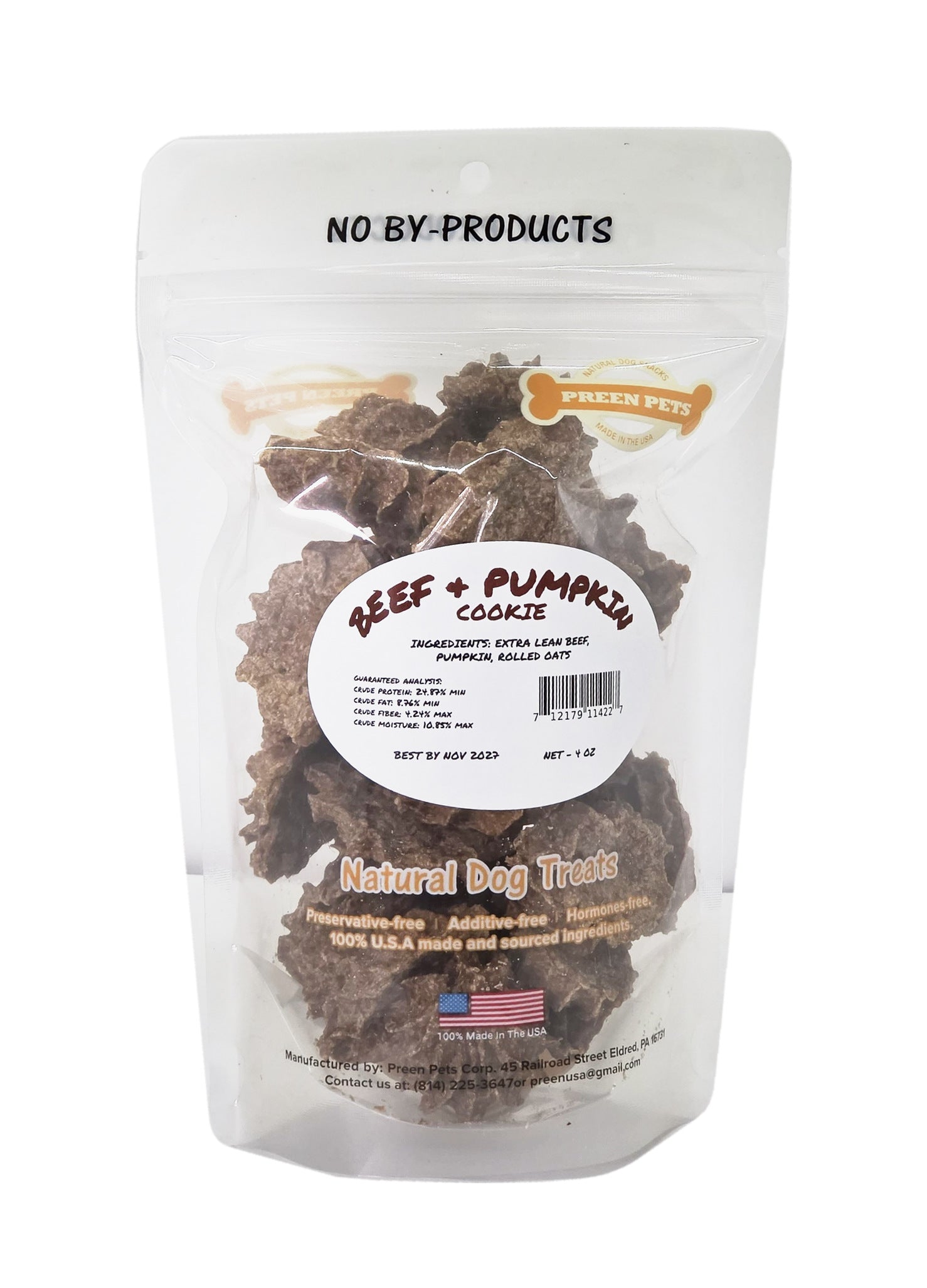 Beef & Pumpkin Cookies 4 oz bag by Preen Pets, made with extra lean beef, pumpkin and rolled oats, all-natural dog treats made in the USA