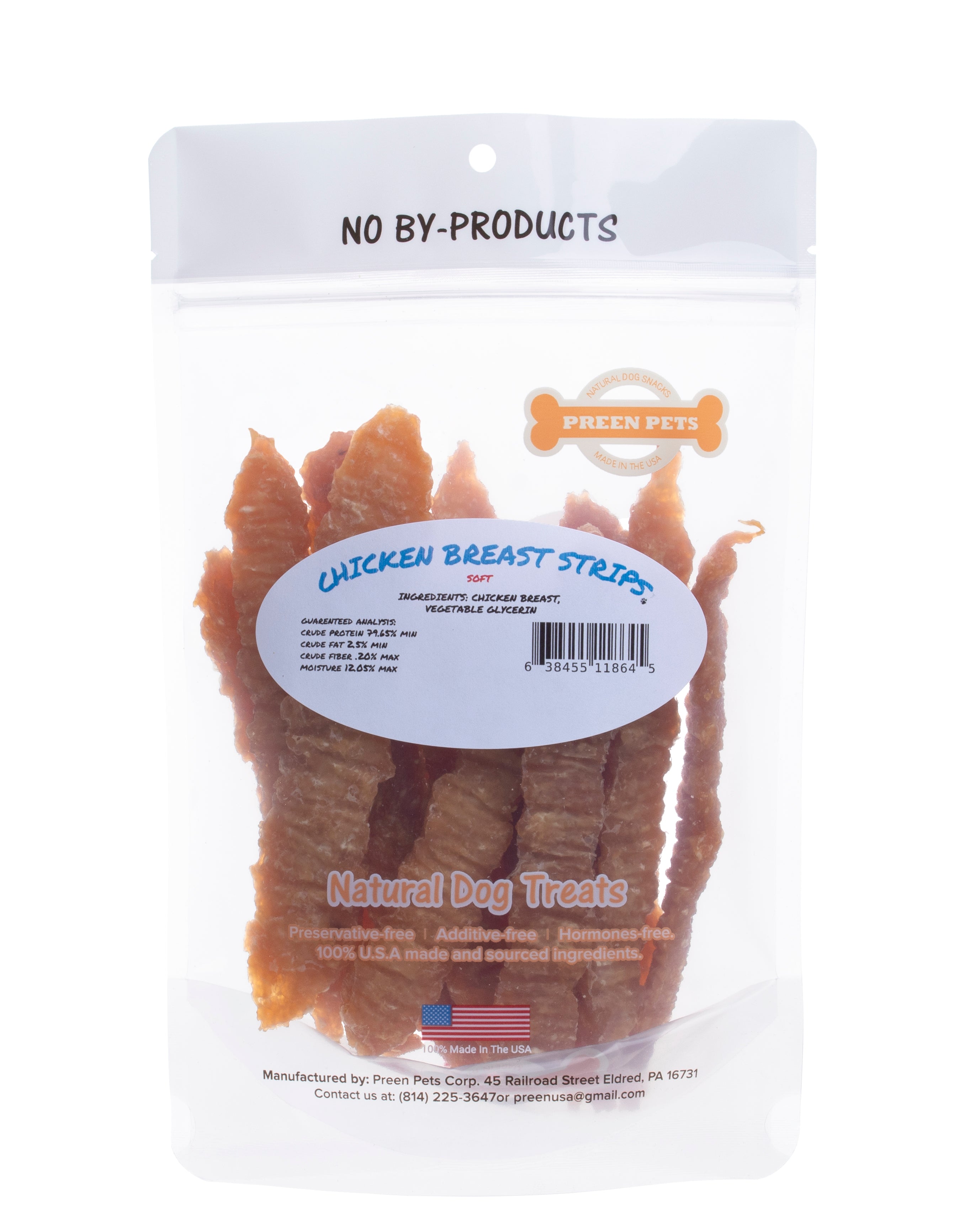 Back of the Chicken Breast Strips Soft bag: ingredients chicken breast and vegetable glycerin, with the guaranteed analysis