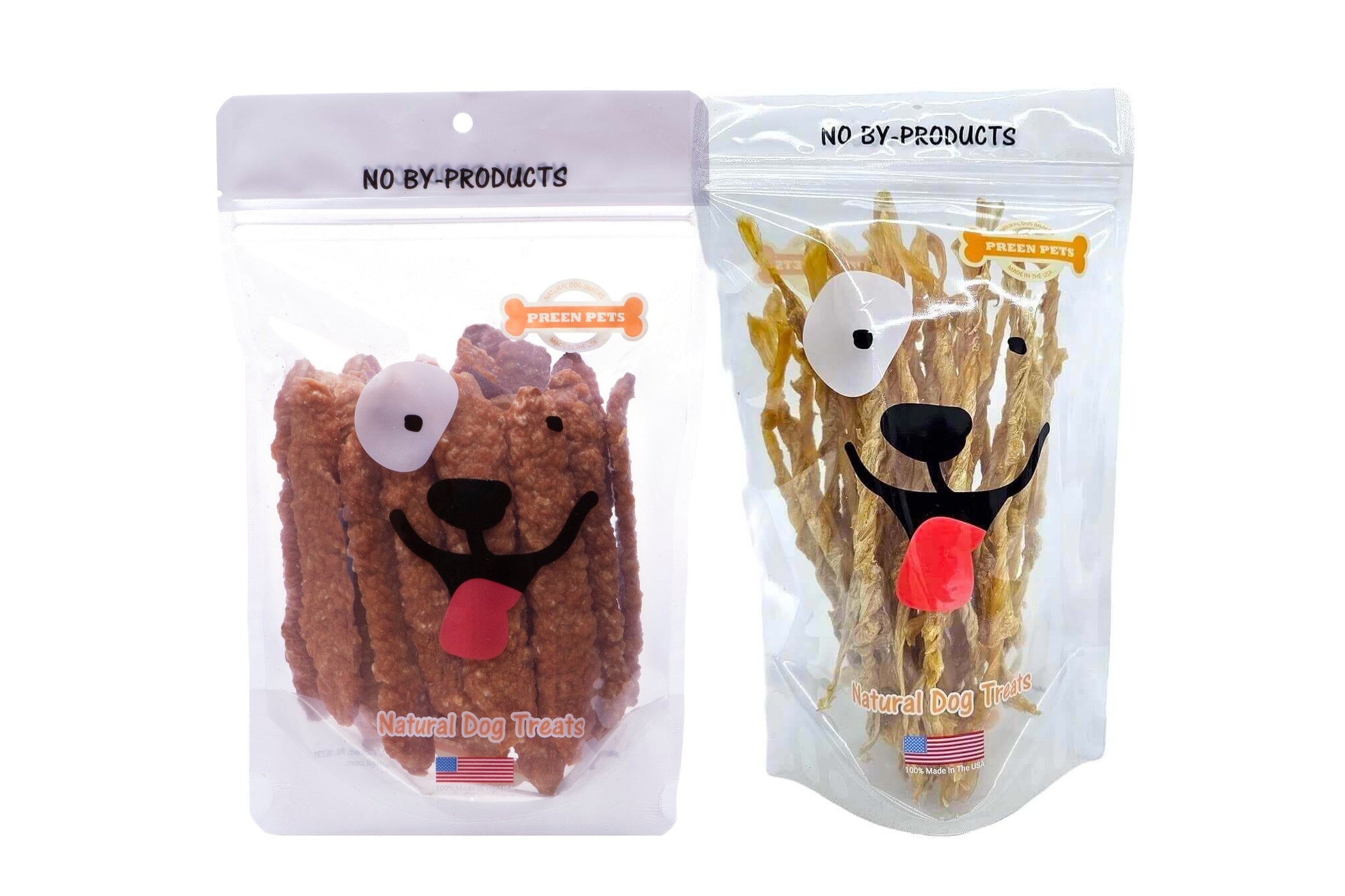 Preen Pets Chicken & Turkey Duo: an 8 oz bag of soft Chicken Breast Strips and a 4 oz bag of Turkey Tendon Twists